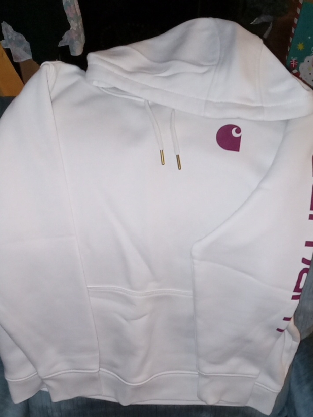 Carhartt Cream Crewneck Hoodie with Purple/Wine Logo